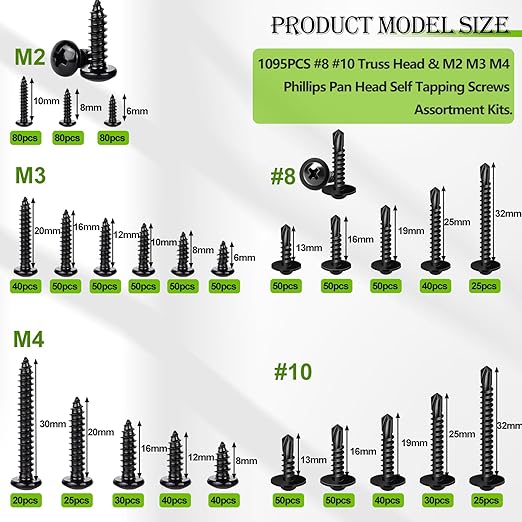 mxuteuk 1095PCS Self Tapping Screws for Metal, #8#10 410 Stainless Steel Truss Head Self Drilling Screws and M2 M3 M4 Carbon Steel Phillips Pan Head Self Tapping Screws for Plastic,Wood