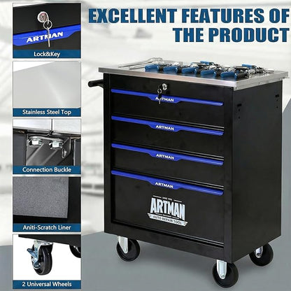 4-Drawer Rolling Tool Chest with Stainless Steel Countertop,Tool Chest with Secure Locking System,Mobile Storage Tool Cabinet with 360°Wheels and Padded Feet,for Home, Garage (Black+Blue)
