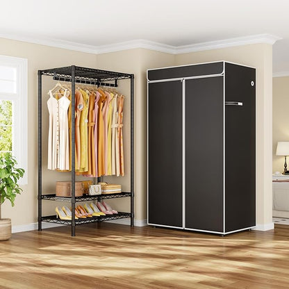 H5C Clothes Rack with Cover, Portable Closet for Hanging Clothes, Covered Clothing Racks Heavy Duty, Freestanding Garment Racks with Shelves Max Load 360LBS Black Closet Rack with Black Cover