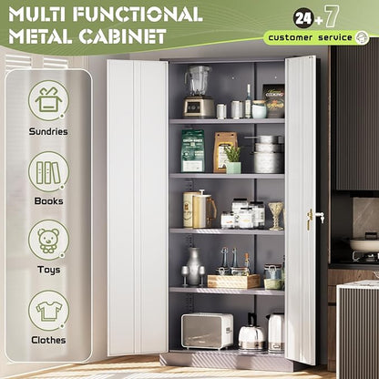SUNCROWN 72" Metal Storage Cabinet - Heavy-Duty Metal Garage Cabinet with 4 Adjustable Shelves & 2 Doors for Tools, Office, Home, Workshop,Grey & White