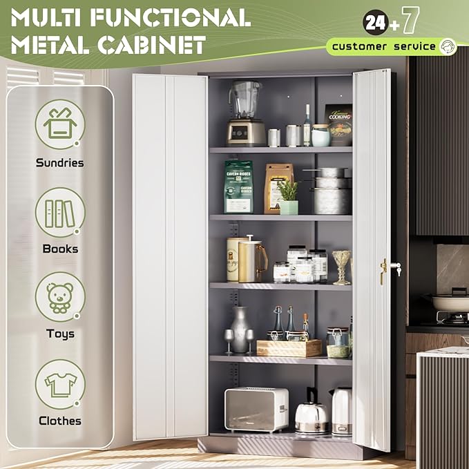 Oakcloud Metal Storage Cabinet Tool Organizer, 72" Lockable Garage Storage Tool Cabinets with 2 Doors and 4 Adjustable Shelves, Locking File Cabinet for Office, Home, School (72“ Wide-GreyWhite)