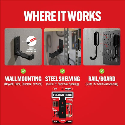 Smart T Folding Wall Hook | Hook for Garage Organization, Heavy Duty, Durable, Space Saving Tool Holder - Wall Mount or Shelving Hooks