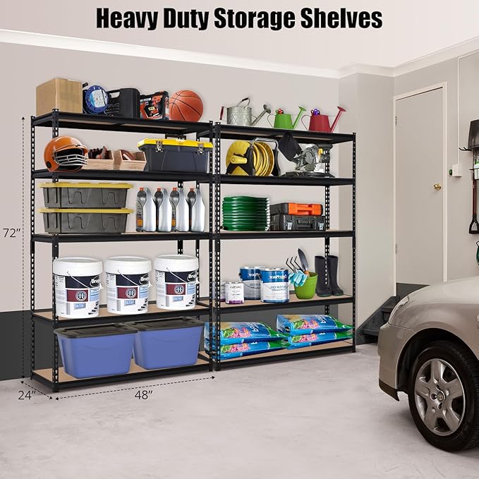 Garage Shelving Heavy Duty Storage Shelves 2000Lbs Capacity, 5 Tier Adjustable Metal Shelving Unit 48" W x 24" D x 72" H, Industrial Utility Rack for Kitchen Pantry
