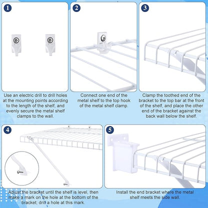 Hicarer 32 Pcs Wire Shelf Support Brackets Kit for 12 Inch, Include 8 Mental Closet Support Brace 16 White Down Wall Clips and 8 Wire Shelf End Brackets with Screws for Wardrobe
