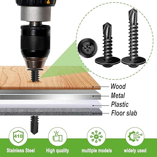mxuteuk 1220PCS #8#10 Black Self Tapping Screws,410 Stainless Steel Self Drilling Screws for Metal,1/2" to 1-1/2" Truss Head Self Tapping Screw for Metal,Plastic,Wood (610PCS Screw+610PCS Washers)