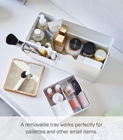 YAMAZAKI Home Tower Large Makeup Organizer Cosmetic Caddy With Handle Vanity Storage Drawer With Lid - Steel + Wood