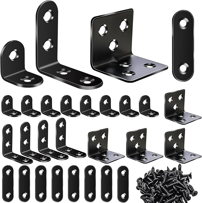 mxuteuk 96PCS L Brackets for Shelves & Flat Plate Straight Bracket,Black Stainless Steel Shelf Brackets,L Shape Heavy Duty Metal Corner Brace for Wood Furniture Cabinet Chair (0.78,1.2,1.57,1.97inch)