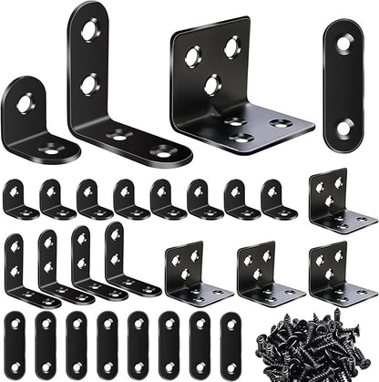 mxuteuk 96PCS L Brackets for Shelves & Flat Plate Straight Bracket,Black Stainless Steel Shelf Brackets,L Shape Heavy Duty Metal Corner Brace for Wood Furniture Cabinet Chair (0.78,1.2,1.57,1.97inch)
