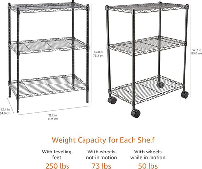 Amazon Basics 3-Shelf Adjustable Heavy Duty Storage Shelving Unit on 2" Wheels, Metal Wire Rack for Garage, Utility Shelving with Leveling Feet, 23.2"L x 13.4"W x 32.75"H, Black