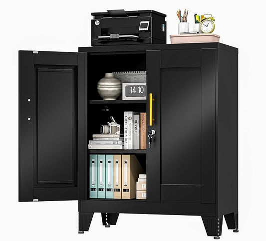Black Metal Storage Cabinet, 36" Tall Locking Storage Cabinet with 2 Adjustable Shelves, Steel Locker Organizer, for Office, Home, School