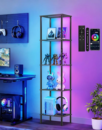 5 Tier Display Shelves with RGB Lights, Display Cabinet with Touch & APP & Remote Control, Dimmable Bookshelf with Music Sync, Adjustable Color Lighting for Living Room, Bedroom(Black)