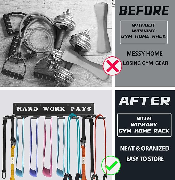 WIPHANY Home Gym Accessories Organization Storage Rack Equipment For Home 8 Hook Wall Hanger Display Gear Barbells Resistance Bands Jump Ropes Lifting Belt Hanger Accessories Hardware Included