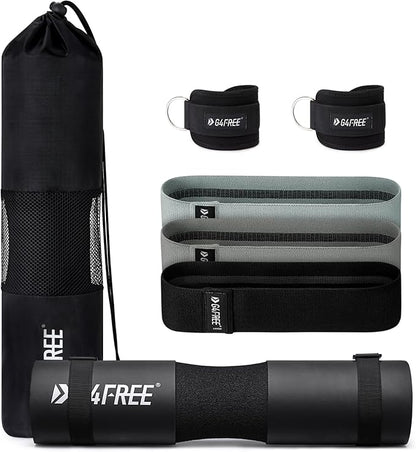 G4Free 9Pcs Barbell Pad Set for Squat, Hip Thrusts, Lunges, Leg day, Standard Olympic Bars with 2 Gym Ankle Safety Straps, 3 Hip Resistance Bands, 2 Lifting Strap, Barbell Pad, and Carry Bag