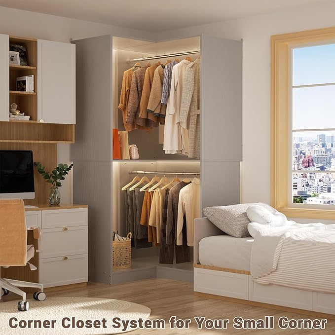 Armocity Corner Closet System, 32 Inches Wide Wood Corner Unit with 2 Hanging Rods and All Hardware Kits, 3-Tier 80'' Height Corner Wood Closet Tower, Grey