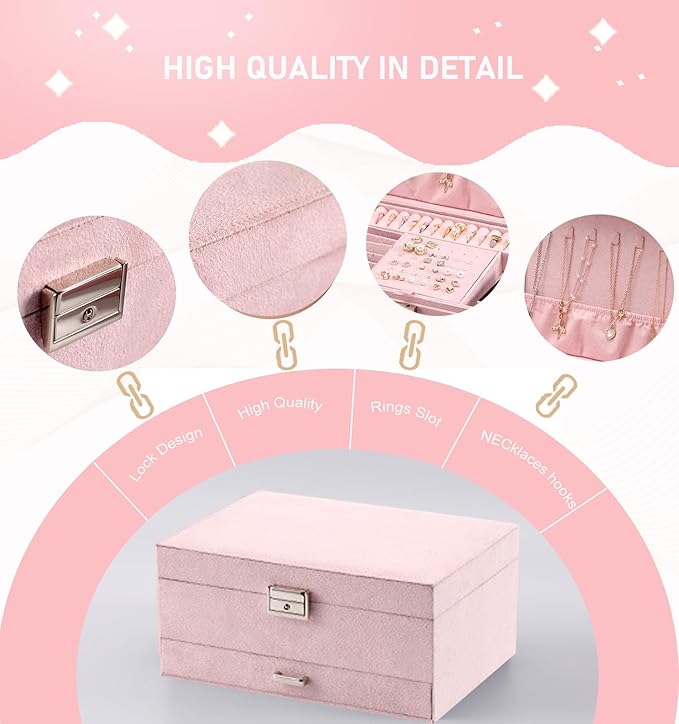 Jewelry Organizer Box for Women Girls, Jewelry Box 3-Tier Jewelry Display Case and Organizer,Lockable Jewelry Display Case Anti Tarnish,Varying Compartments for Necklaces, Bracelets, Rings