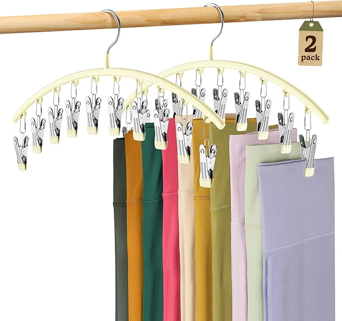 Legging Organizer for Closet, Metal Yoga Pants Hangers 2 Pack w/10 Clips Holds 20 Leggings, Space Saving Hanging Closet Organizer w/Rubber Coated Closet Organizers and Storage, Ivory