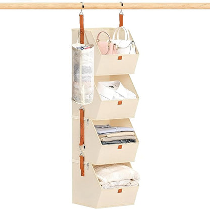 4 Tier Hanging Closet Organizer with Socks Storage Mesh Bag - Space Saving Storage Shelves for Closet, Wardrobe, Fabric Storage Bins for Dorm Rooms, Bedroom (Beige)