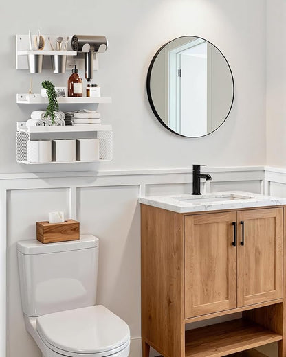Puricon Floating Bathroom Shelves with Hair Dryer Holder, 3-Tier Rustic Wood Wall Mounted Organizers Set, Space Saving Over-Toilet Storage and Home Decor Hanging Rack -White