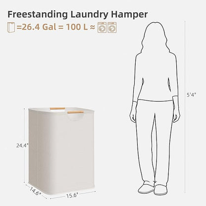 STORAGE MANIAC 2-Pack Large Laundry Hamper, 80L (21.1 Gal) Collapsible Laundry Basket with Bamboo Handles, Freestanding Waterproof Clothes Hamper for Laundry Room, Bedroom, Dorm, Towels, Toys, Beige