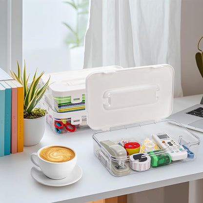 2 Pack Plastic Storage Containers with Lid, Stack & Carry Craft Box with Handle, Multipurpose Office Supplies Organizers, Potable Pencil Storage Bin for Stationery, Crayons, Sewing, Makeup