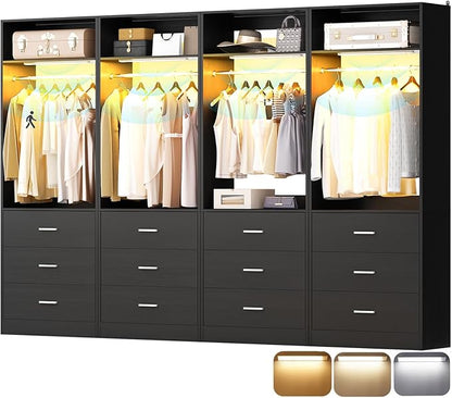 8FT Closet System with 4 Motion Sensor LED Lights, 96" Closet Systems with 12 Drawers, Closet Organizer System with 4 Hanging Rods & 4 Shelves, Heavy Duty 96 Inch Walk-in Closet, Black