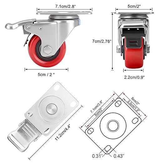 2 Inch Industrial Heavy Duty Swivel Caster Wheels with Brake,Set of 4 Safety Locking Casters,Load 600lbs,Premium Polyurethane Wheels for Table,Trailer,Saw Table,Stage Toolbox,Bed,Corn Board