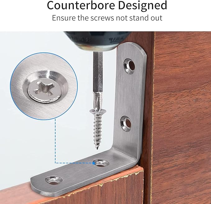 YUMORE L Bracket Corner Brace, 6Pcs 65x65mm Joint Right Angle Brackets Heavy Duty Stainless Steel 90 Degree Bracket Fastener for Wood Shelves Chair Tables Dressers Furniture with Screws