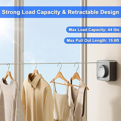 Retractable Clothesline Indoor, Non-Sagging Outdoor Clothes Drying Line Retracting Heavy Duty Clothes Drying Laundry Line Wall Mounted Stainless Steel Line - 15.6 Feet (1, Gray)