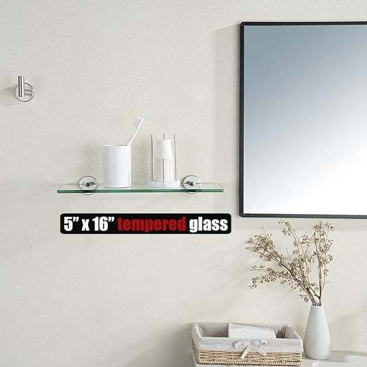 JQK Bathroom Glass Shelf Brushed Steel, Tempered Glass Shower Storage 16 by 5 inches, 304 Stainless Steel Brushed Wall Mount 2 Pack, TGS101L16-BN-P2