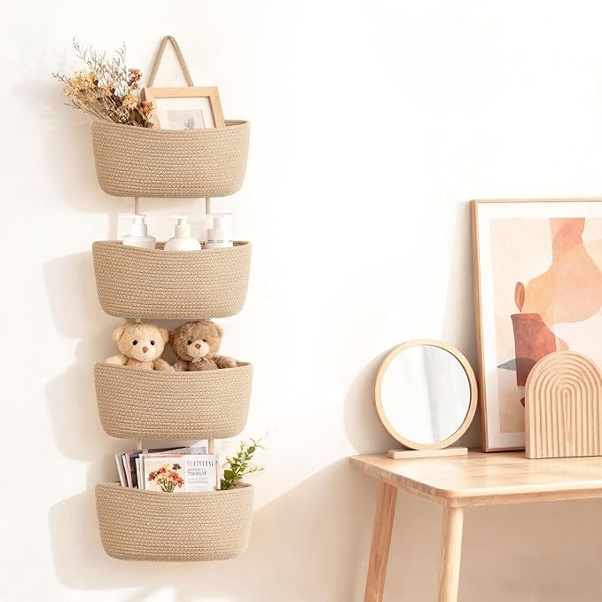 Dahey Over The Door Hanging Basket 4-Tier Woven Boho Wall Mounted Storage Organizer with Hooks for Bedroom Nursery Bathroom Apartments Dorm Pantry Decor, Jute
