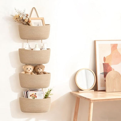 Dahey Over The Door Hanging Basket 4-Tier Woven Boho Wall Mounted Storage Organizer with Hooks for Bedroom Nursery Bathroom Apartments Dorm Pantry Decor, Jute