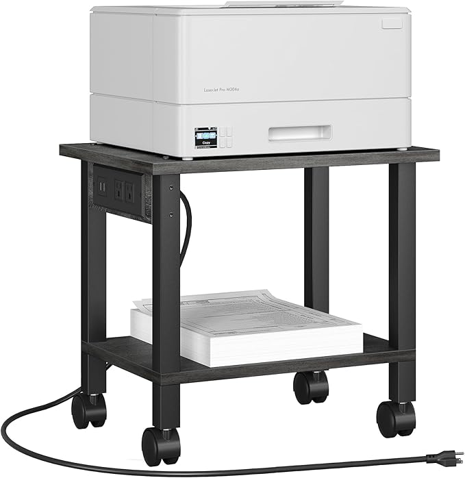 TUTOTAK 2 Tier Printer Stand, Rolling Printer Cart with Power Outlets and USB Ports, Mobile Printer Table with Wheels, for Under Desk, Office, Home, Charcoal Grey PS01BY001