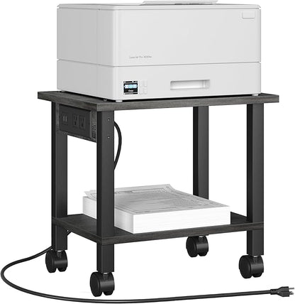 TUTOTAK 2 Tier Printer Stand, Rolling Printer Cart with Power Outlets and USB Ports, Mobile Printer Table with Wheels, for Under Desk, Office, Home, Charcoal Grey PS01BY001