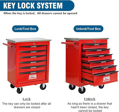 6-Drawer Rolling Tool Chest with Stainless Steel Countertop,Tool Chest with Secure Locking System,Mobile Storage Tool Cabinet with 360°Wheels and Padded Feet,for Home,Garage (Red)
