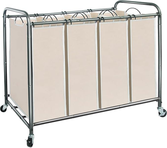STORAGE MANIAC Laundry Sorter 4 Section, 47.8 Gal (181 L) Laundry Hamper with Wheels, Clothes Divider Basket Sorter, Clothes Separator Hamper Cart with Wheels and Removable Bags, Beige
