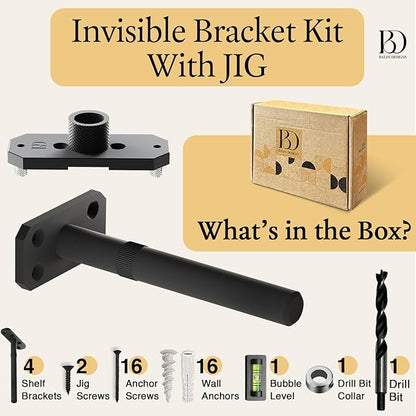 Invisible Floating Shelf Bracket 5 Inch Rod 3/4 inch Diameter Heavy Duty with Jig – Hidden Metal Mantel Mount for Wall Shelves – Floating Shelf Hardware for Bathroom, Kitchen & Living Room (4 Pack)