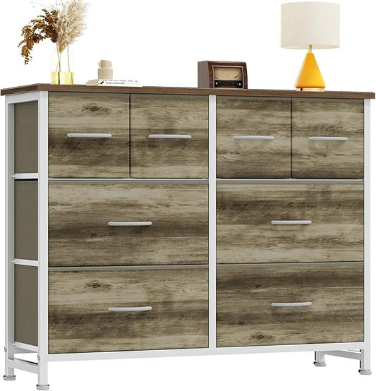 DUMOS TV Stand, Dresser with 8 Fabric Drawers, Spacious Storage Tower for Closet, TV Stand with Wood Top and Mental Frame, Storage Unit for Living Rooms, Bedroom and Entryway, Oak