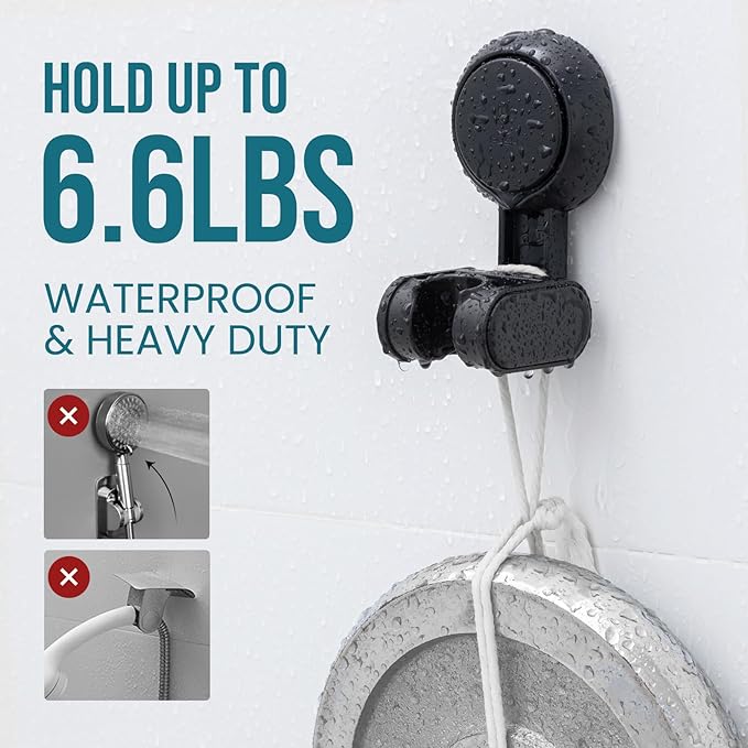 TAILI Shower Head Holder Suction Cup, Adjustable Height & Angle, Wall Mounted, Waterproof, Black, Plastic, Round, Bathroom & Shower Fixture