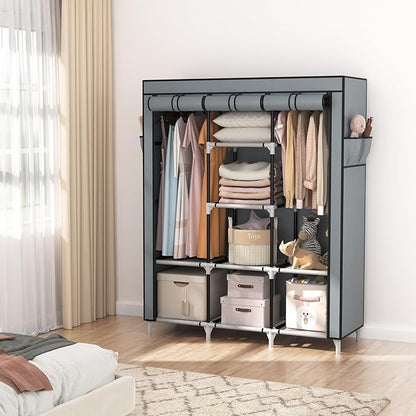 VTRIN Portable Closet Wardrobe for Hanging Clothes with 2 Hanging Rods and 8 Storage Organizer Shelves,Sturdy Large Wardrobe Closet for Bedroom Free Standing Clothes Rack with Cover,Grey