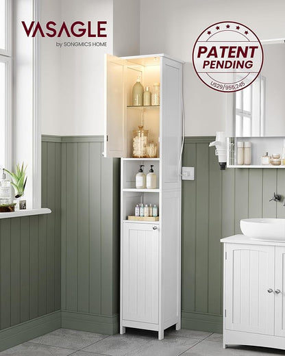 VASAGLE Tall Storage Cabinet with Lights, Slim Freestanding Cabinet with Adjustable Shelves, for Small Spaces, Bathroom, Living Room, Modern, 11.8 Inches Wide, Cloud White UBBC566W02V1