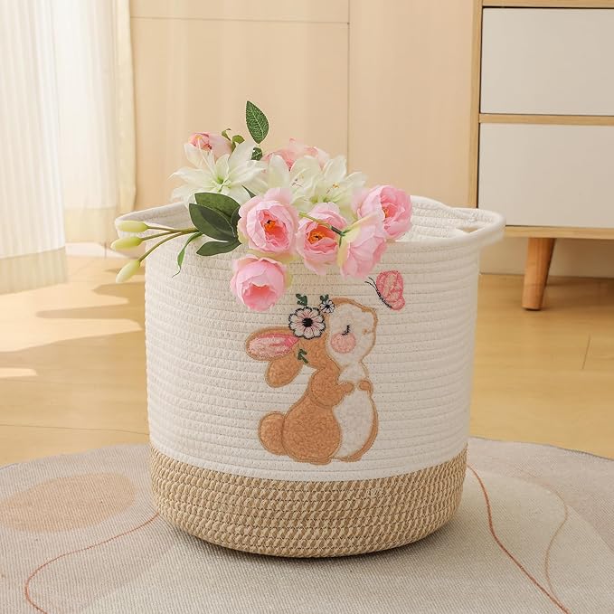 INough Easter Basket for Kids, Small Easter Basket for Toddler Spring Gift Basket Bunny Baskets, Toy Storage Baskets Woven Cotton Rope Storage Bins Toys Organizer Clothes Hamper (Medium, Bunny)