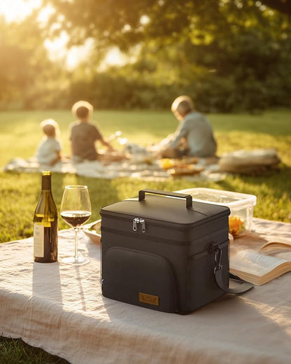 HOTOR Insulated Lunch Box for Men & Women - Leak-Proof Cooler Lunch Bag with 4 Pockets, Adjustable Strap, Ideal for Work, Picnic, Travel - Medium, Black, 10.2"×6.9"×8.5"