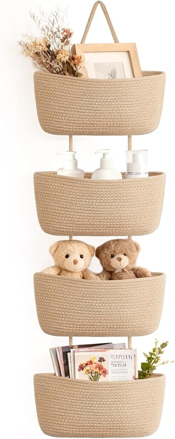 Dahey Over The Door Hanging Basket 4-Tier Woven Boho Wall Mounted Storage Organizer with Hooks for Bedroom Nursery Bathroom Apartments Dorm Pantry Decor, Jute