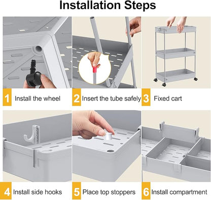 SPACELEAD 3 Tier Rolling Cart with Wheels, Storage Craft Art Trolley Organizer Serving, 3 Hanging Baskets Easy Assembly, for Office, Living Room, Kitchen, Gray