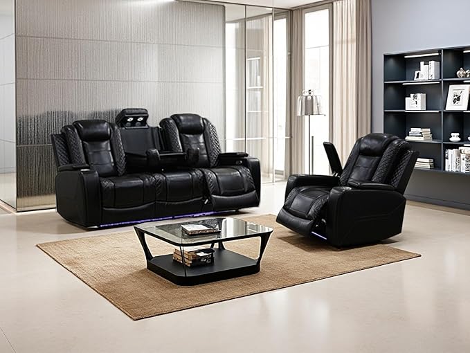 Recliner Power Sofa Set, Living Room Furniture Sets, Black Breathing Leather Reclining Sofa and Chair with Drop-down Table/Cup Holder/LED Light/USB Port Living Room Sofa Set for RV Car, Office