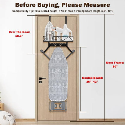 Ironing Board Hanger, Metal Over The Door or Wall Mounted Ironing Board Caddy, Ironing Board Storage Shelf with Adjustable Hooks for Laundry Room, Living Room, Bathroom (Matte Black)
