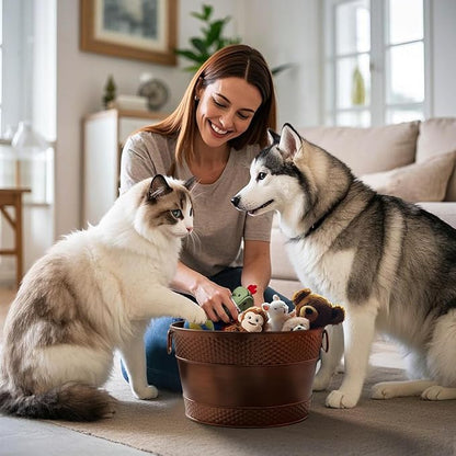 Indestructible Metal Dog Toy Bin: Pet Toy Box Storage Basket for Living Room Area, Beautiful Design and Perfect Size 15-Quart (1 Pack, Round)