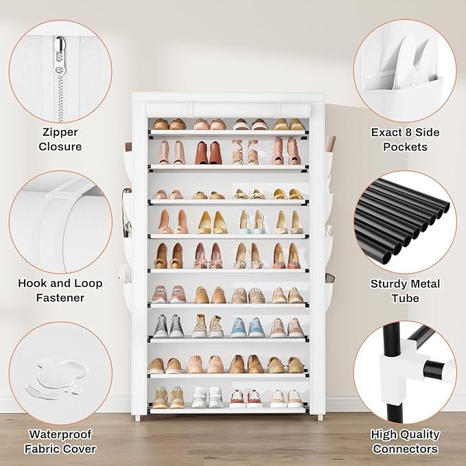 Shoe Rack with Cover, 10 Tier Shoe Organizer Storage for 40-50 Pairs Sneaker and Boots, Large Capacity, with 8 Pockets, Free Standing Tall Shoe Rack for Front Door Entrance, Closet, White