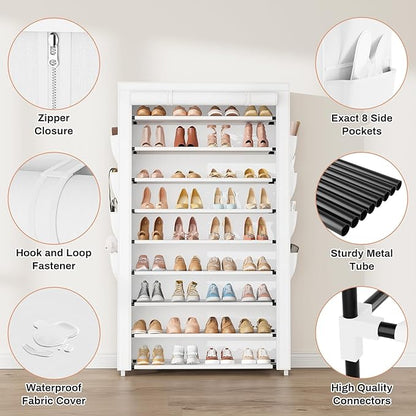 Shoe Rack with Cover, 10 Tier Shoe Organizer Storage for 40-50 Pairs Sneaker and Boots, Large Capacity, with 8 Pockets, Free Standing Tall Shoe Rack for Front Door Entrance, Closet, White