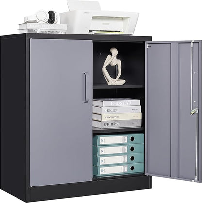 Metal Storage Cabinet, Storage Cabinet with 2 Doors and Shelves, Metal Cabinet with Lock, Small Lockable Cabinet for Home Office (Black Grey)